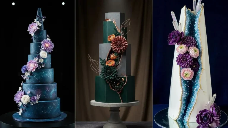 Verschiedene opulente Blumentorten-Designs für Hochzeiten mit Pfingstrosen, Ranunkeln und Dahlien.