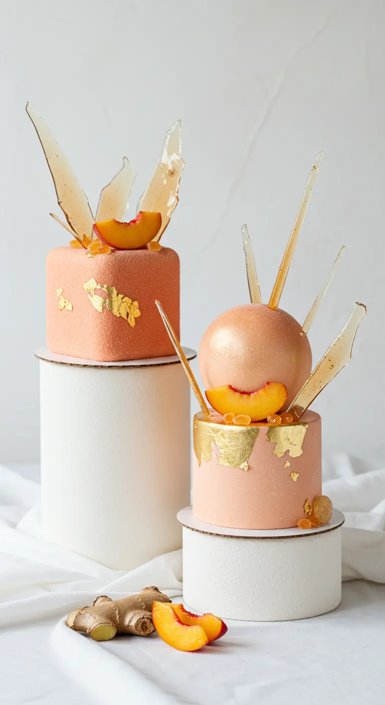 Zwei kleine pfirsichfarbene Torten mit Blattgold, Pfirsichspalten und Zuckersplittern.