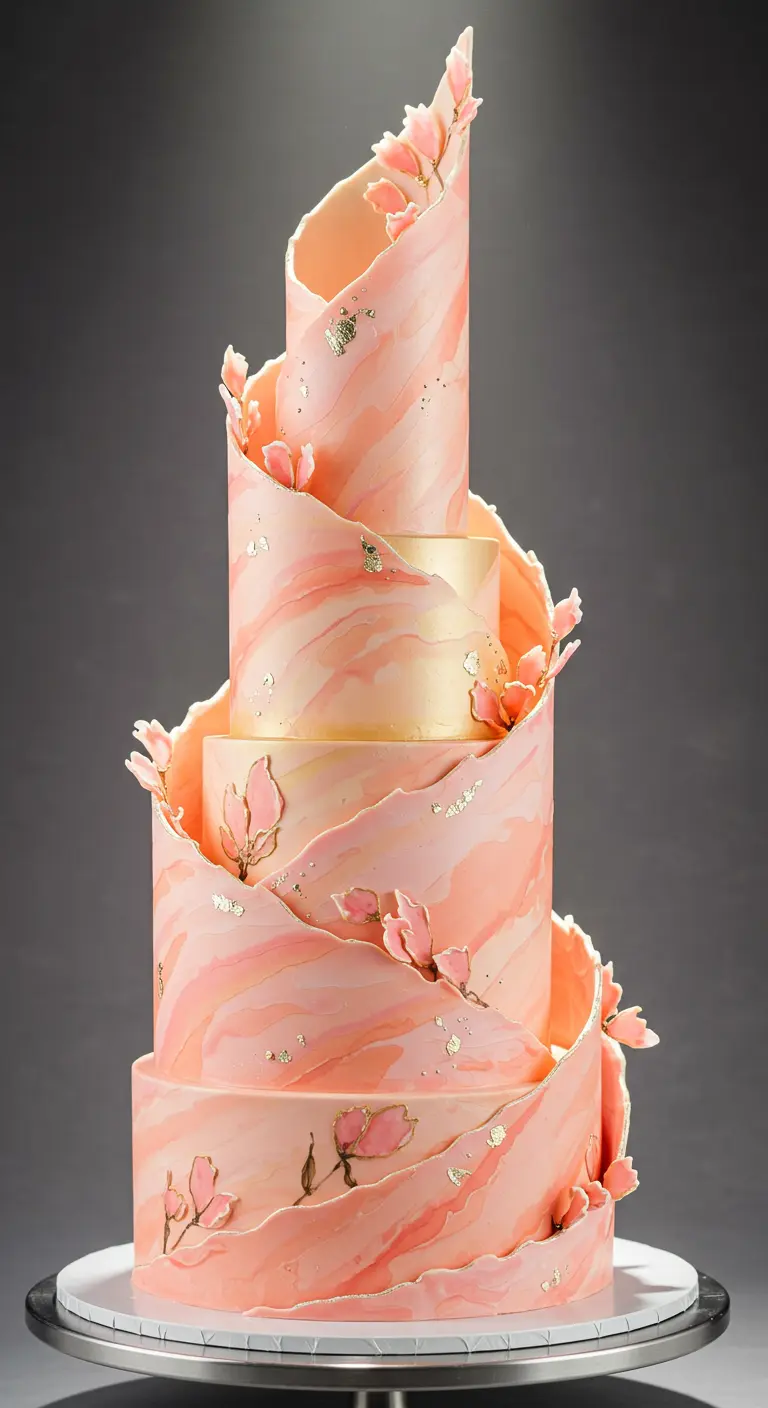 Mehrstöckige Hochzeitstorte mit pfirsichfarbener Marmorierung, Goldakzenten und kleinen rosa Blüten.