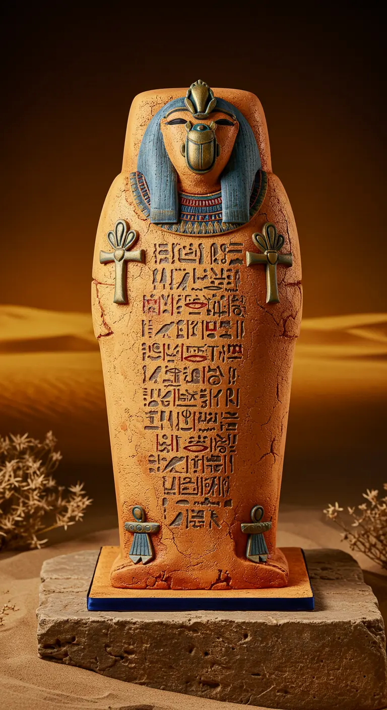 Sarkophag-förmige Torte mit Hieroglyphen und pharaonischen Details in Sandfarben