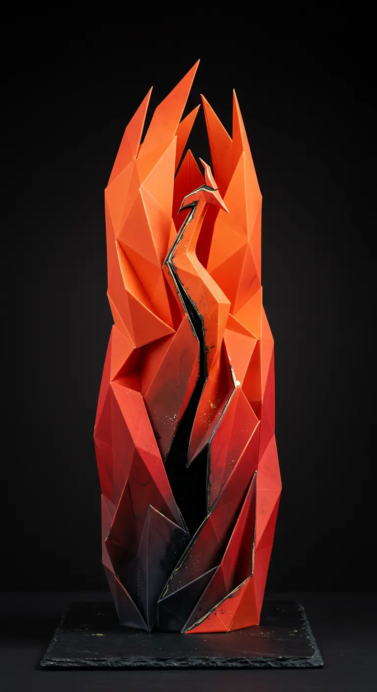 Abstrakte Hochzeitstorte in Form eines Phönix aus roten und orangen Origami-Elementen.