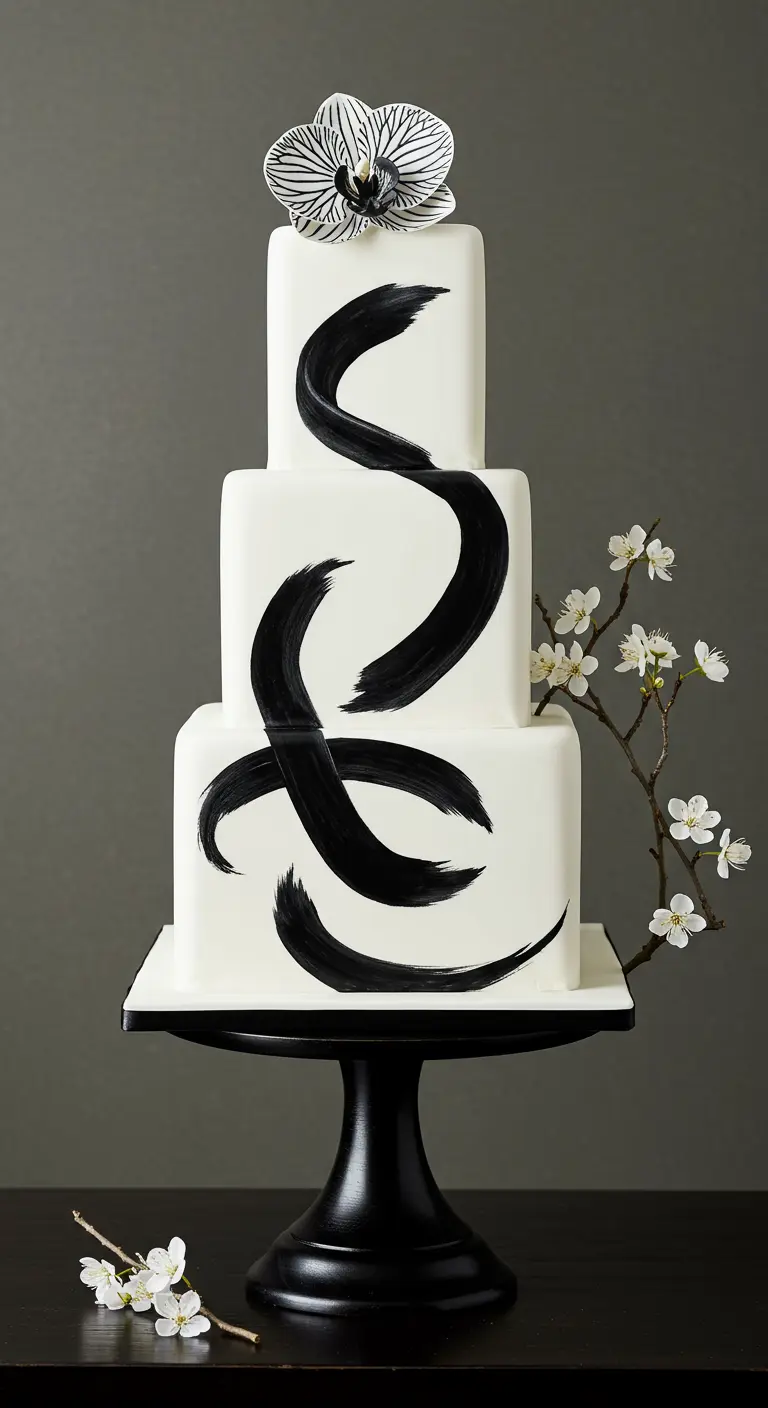 Dreistöckige weiße, eckige Hochzeitstorte mit breiten schwarzen Pinselstrichen verziert.