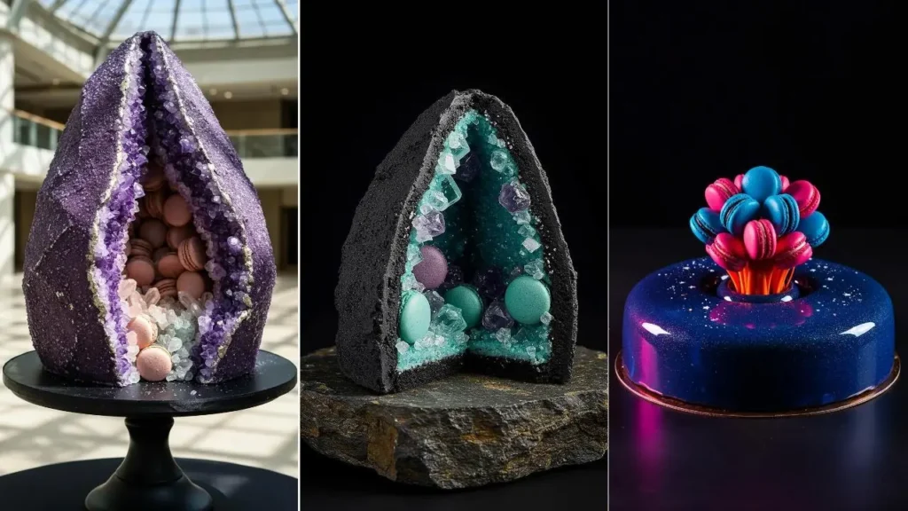 Drei pinterest-perfekte Hochzeitstorten mit Macaron-Layern und Insta-Look, darunter Geoden- und Galaxie-Designs.