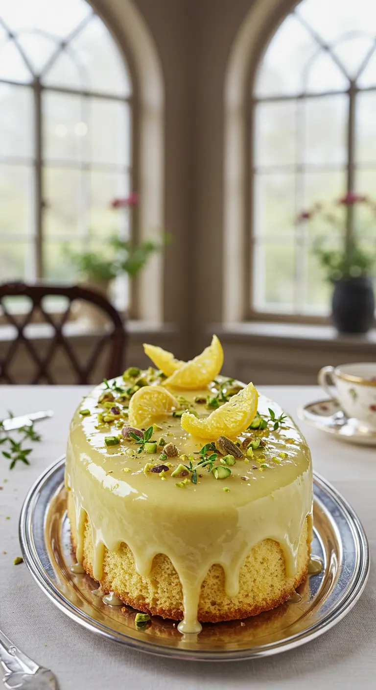 Gelber Kuchen mit weißem Drip, Pistazien, Zitronenspalten und Thymian auf Silberteller.