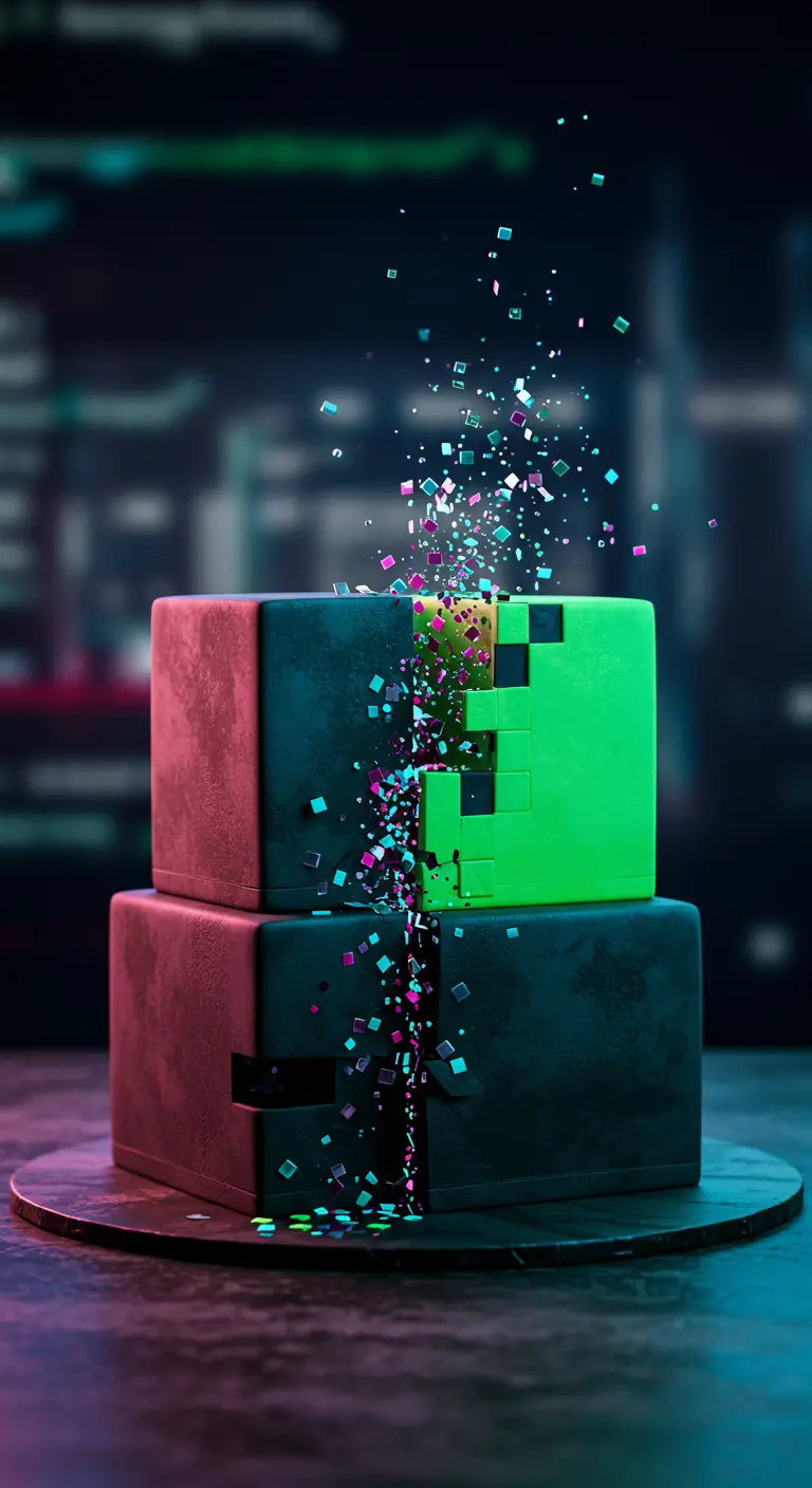 Zweistöckige quadratische Torte, halb dunkel, halb neongrün, mit explodierendem Pixel-Konfetti.