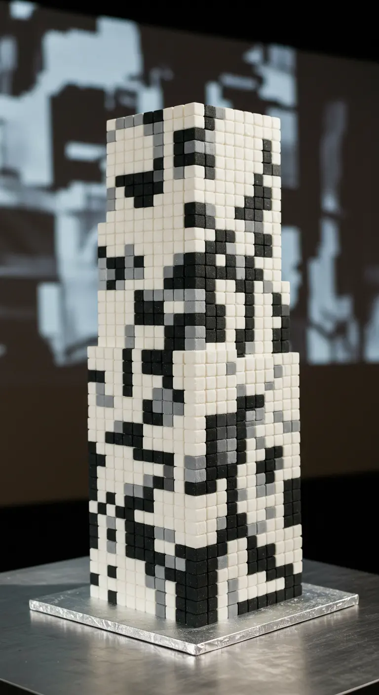 Hohe, eckige Hochzeitstorte mit einem schwarz-weiß-grauen Pixelmuster.