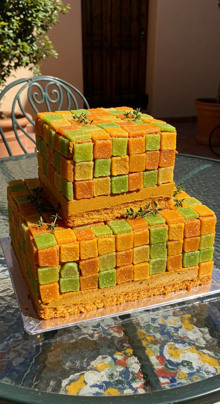 Zweistöckige Torte aus vielen kleinen orangefarbenen und grünen Kuchenwürfeln mit Thymian.