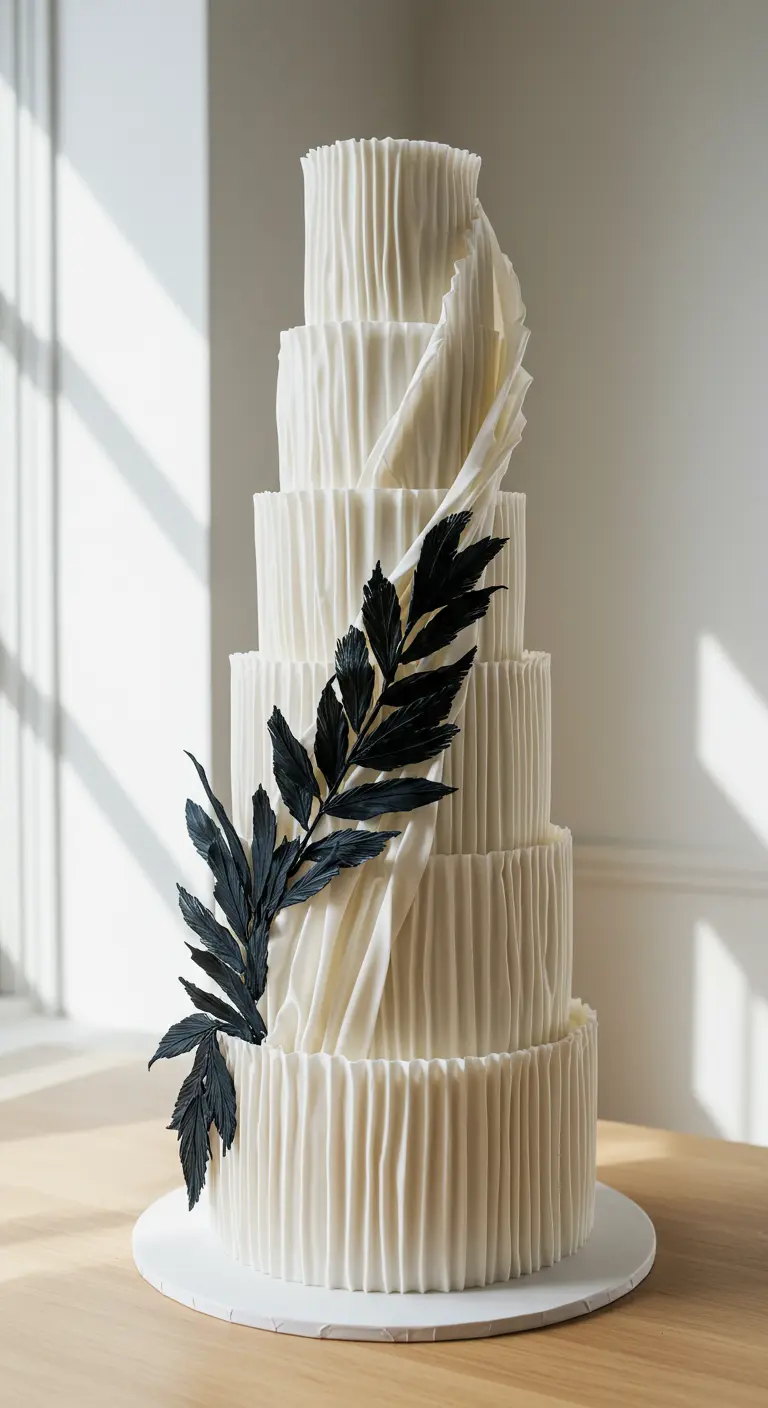 Hohe weiße Hochzeitstorte mit vertikaler Plissee-Textur und einem diagonalen schwarzen Blätterzweig.