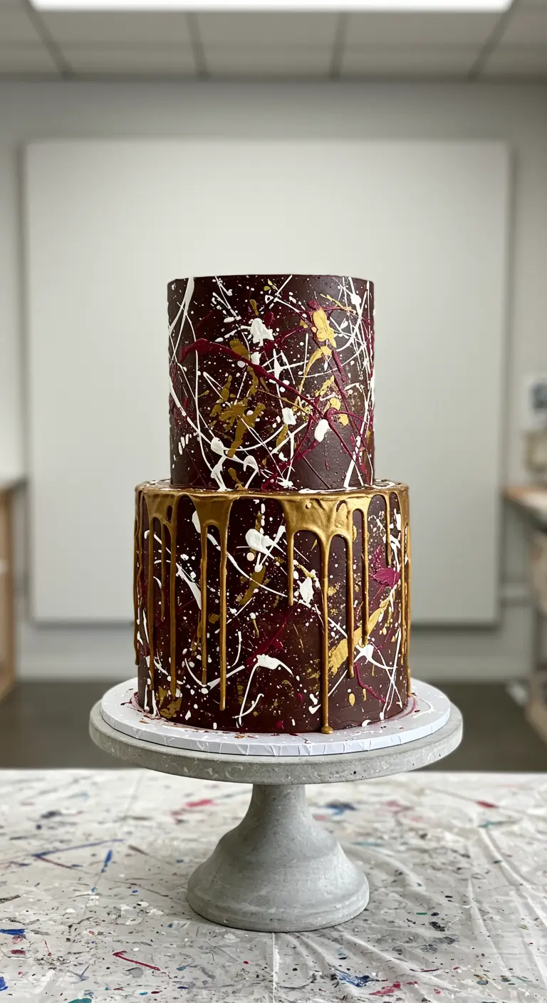 Schokoladentorte mit Dripping-Effekt und Farbspritzern in Weiß, Gold und Rot.