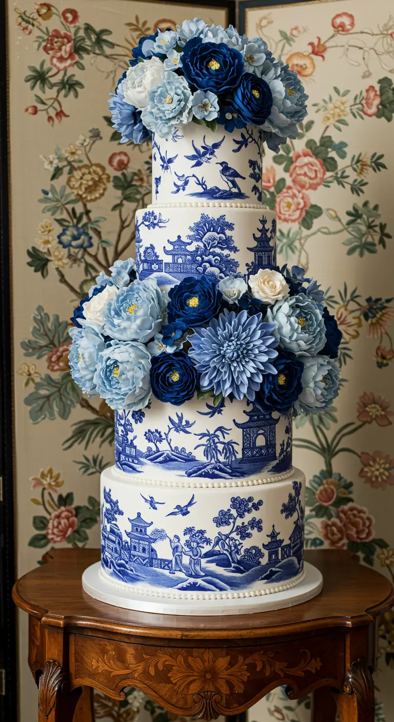 Weiße Torte mit blauen Chinoiserie-Mustern und einem großen Blumenarrangement in Blau und Weiß.