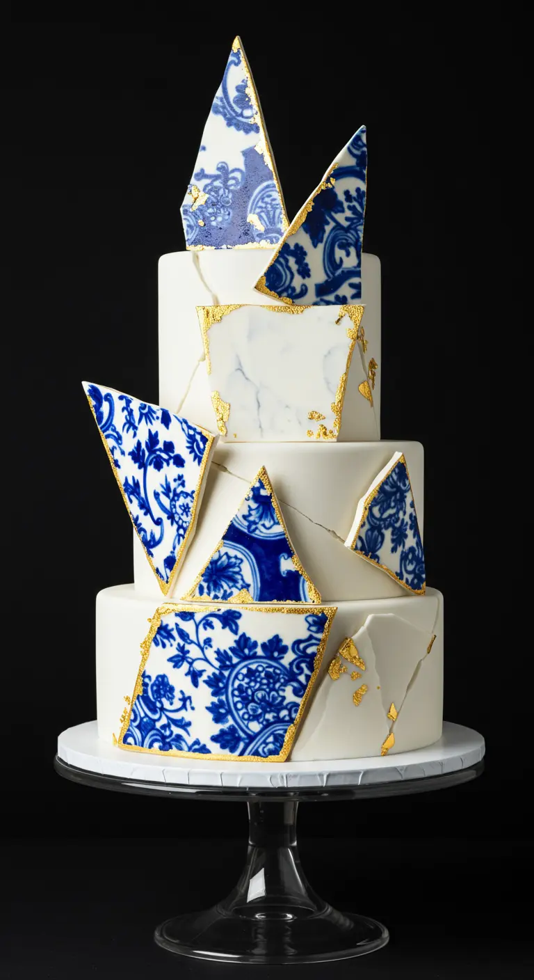 Weiße Torte mit zerbrochenen blauen Porzellanmuster-Applikationen und goldenen Akzenten.