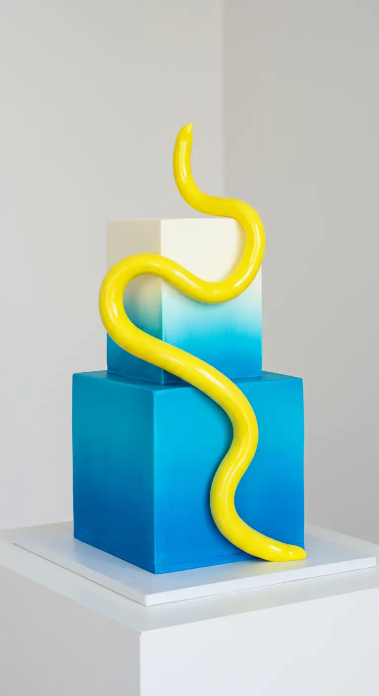 Zweistöckige Torte mit blauem Ombré-Farbverlauf und einer dicken, gelben Spirale.