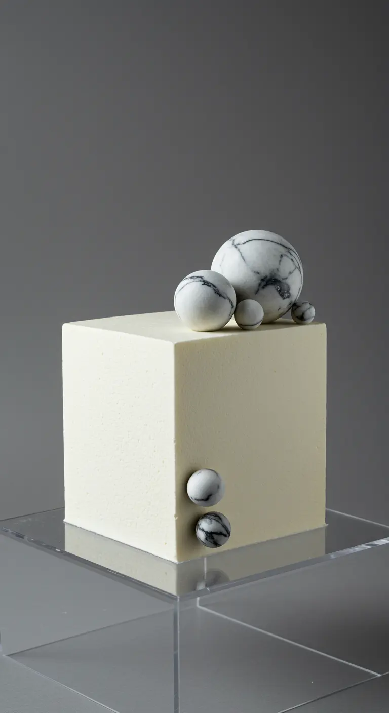 Quadratische weiße Torte mit unterschiedlich großen Marmorkugeln als Dekoration.