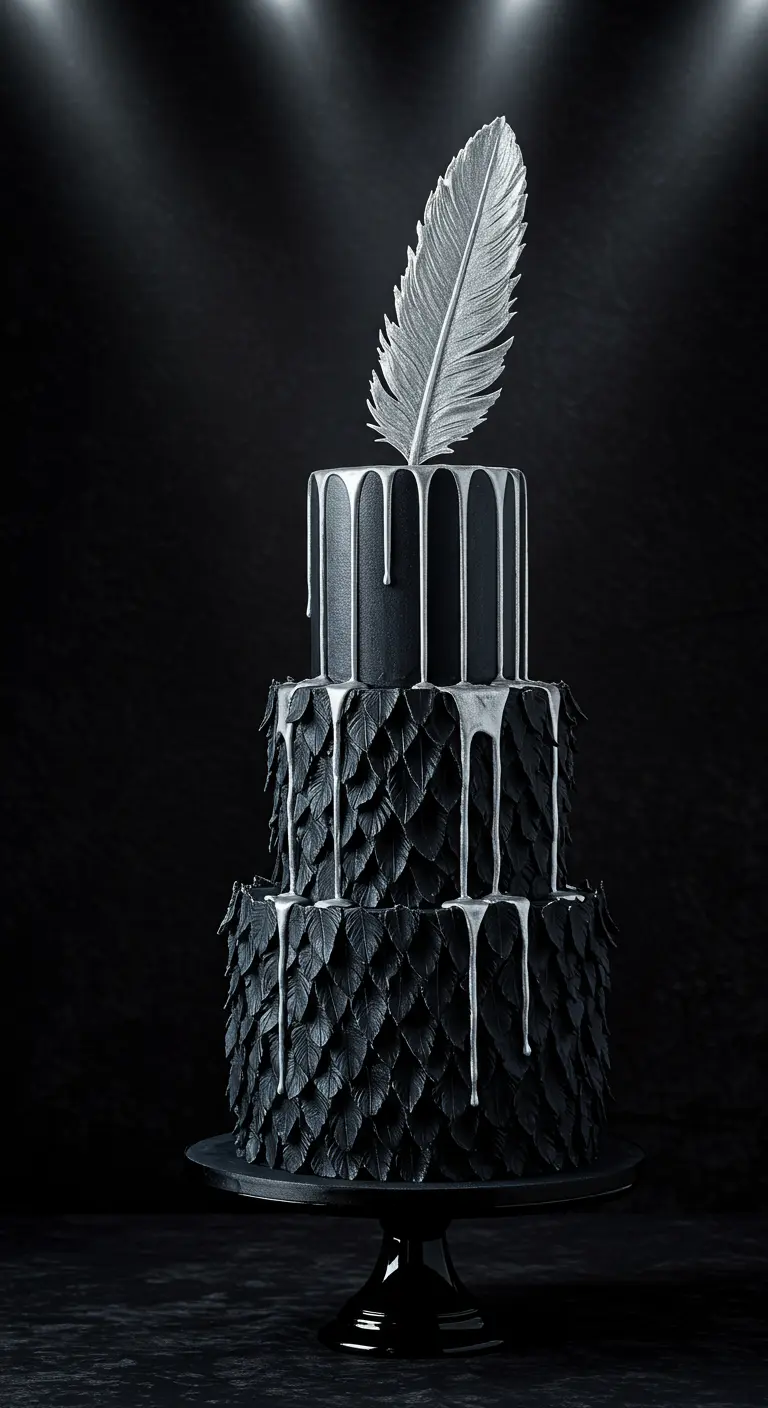 Schwarze Hochzeitstorte mit Blätterstruktur, silbernem Drip und einer großen Silberfeder.
