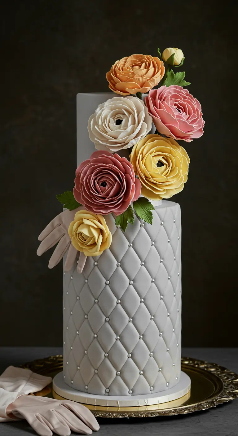 Graue Hochzeitstorte mit gestepptem Muster und einem Bouquet aus bunten Zucker-Ranunkeln.