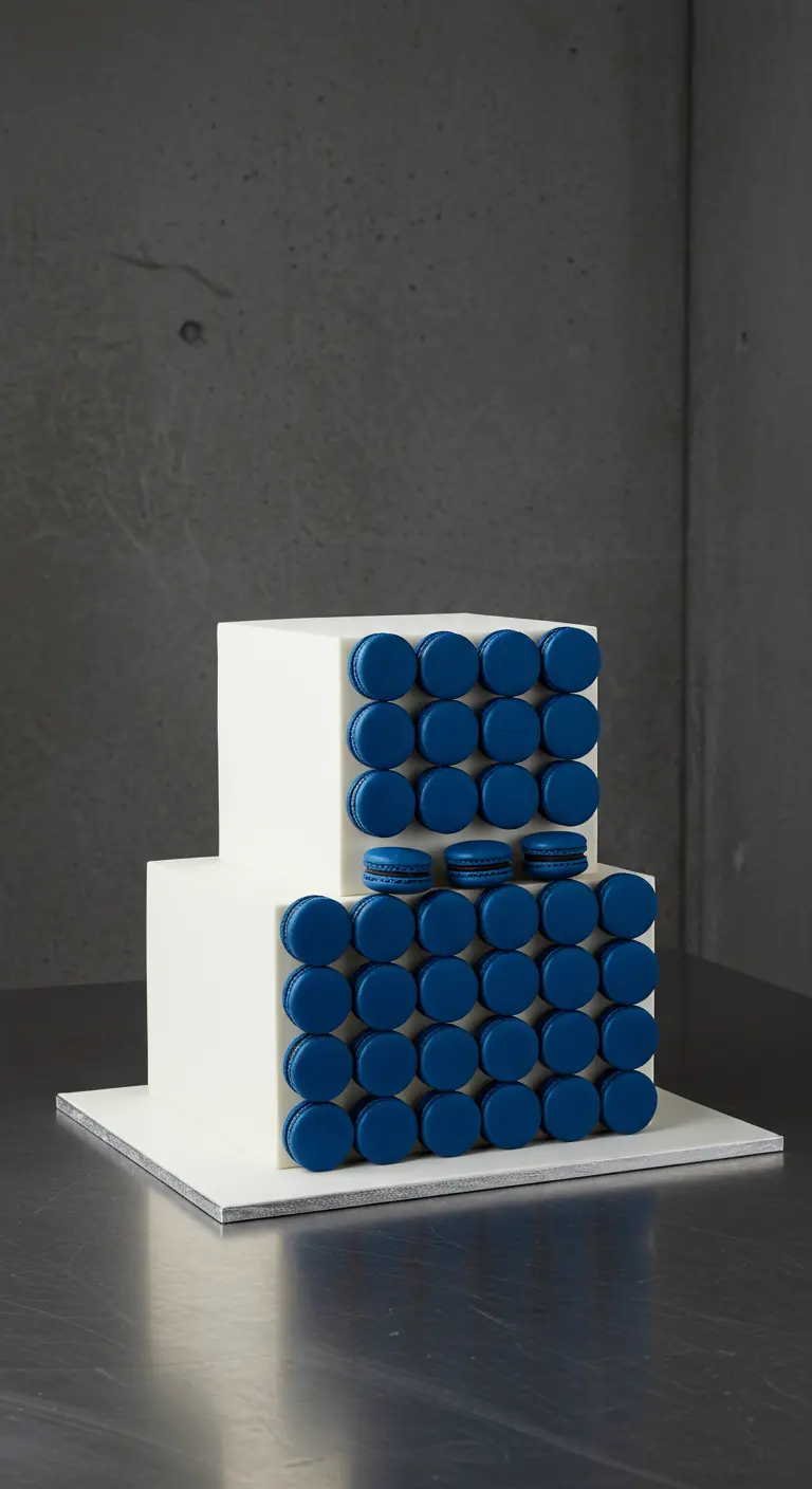 Quadratische zweistöckige Torte mit blauen Macarons in Rasteranordnung an den Seiten.