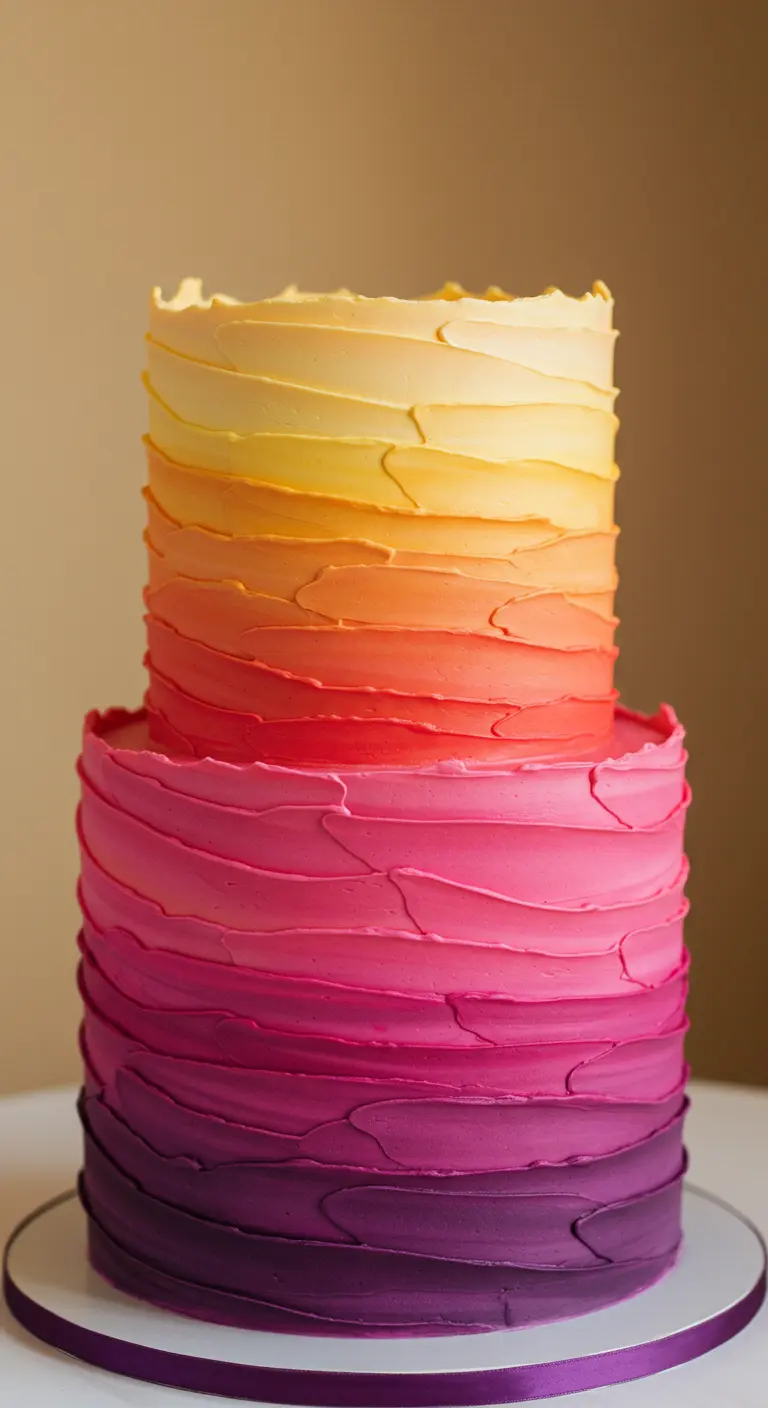Zweistöckige Torte mit horizontalen Wellen in Regenbogen-Ombré-Farben.