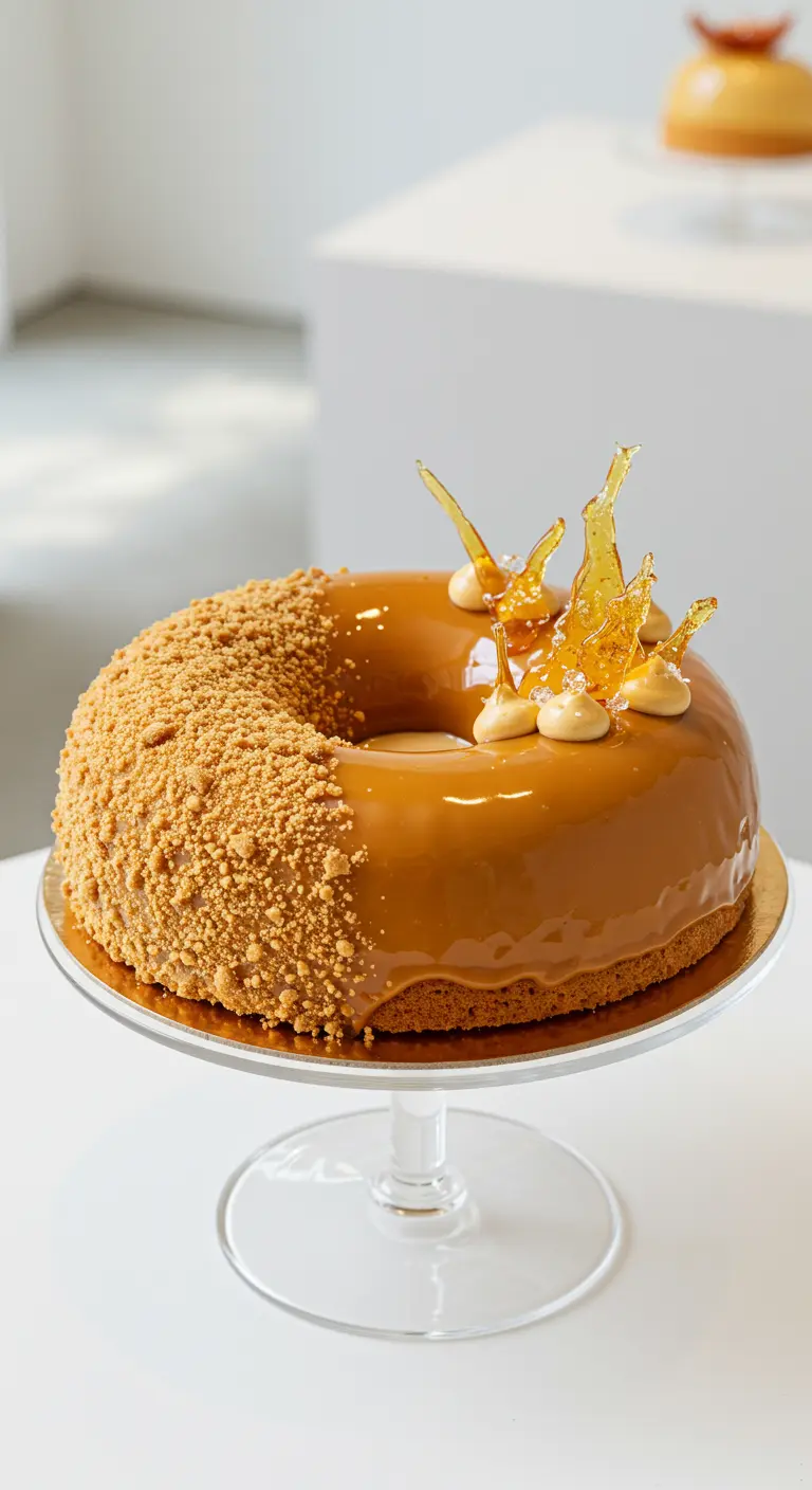 Ringförmige Karamelltorte mit Keksbrösel-Rand und Karamellsplittern.