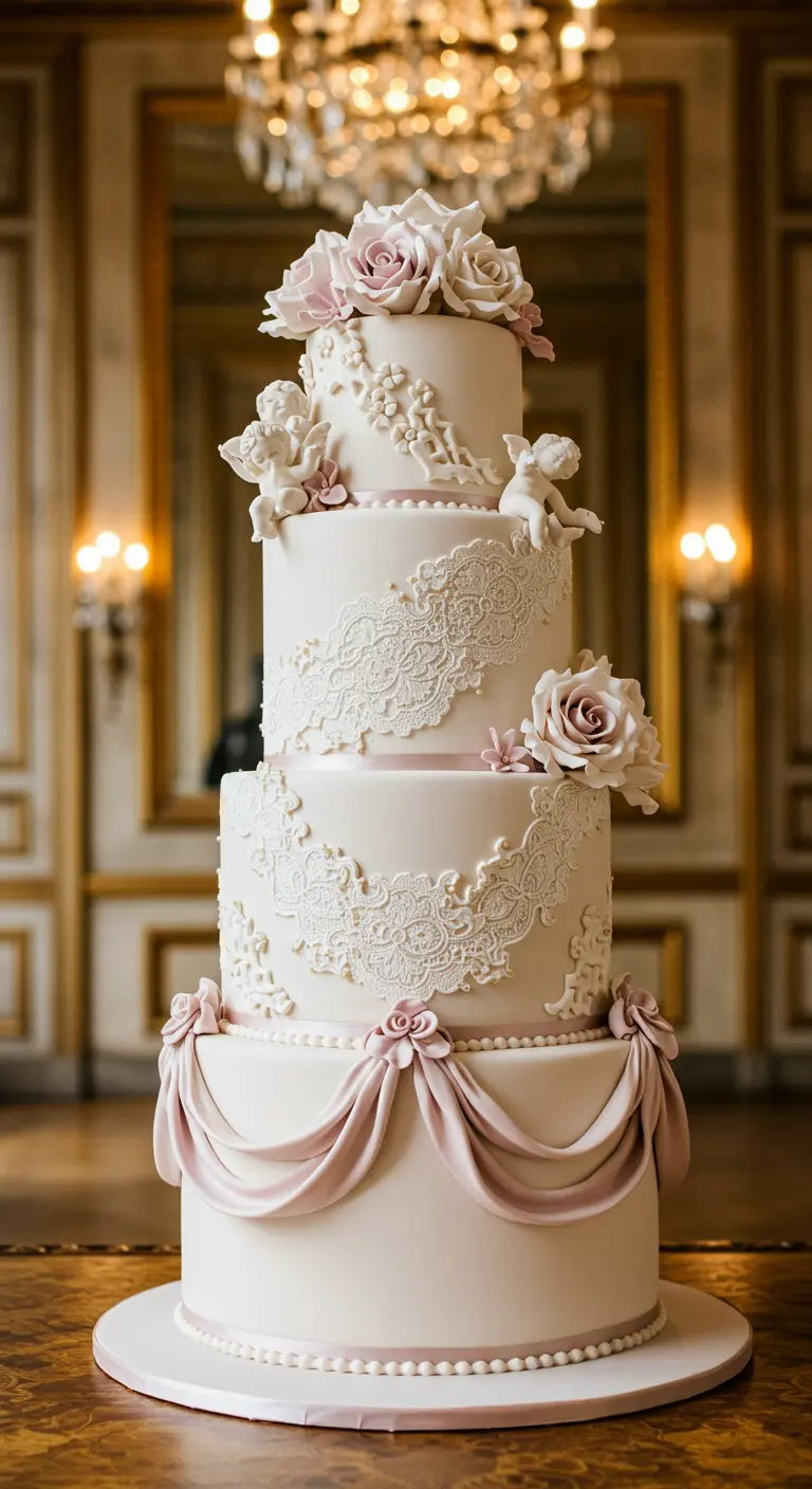 Klassische weiße Hochzeitstorte mit Cherubim, rosa Rosen und Spitzenornamenten.