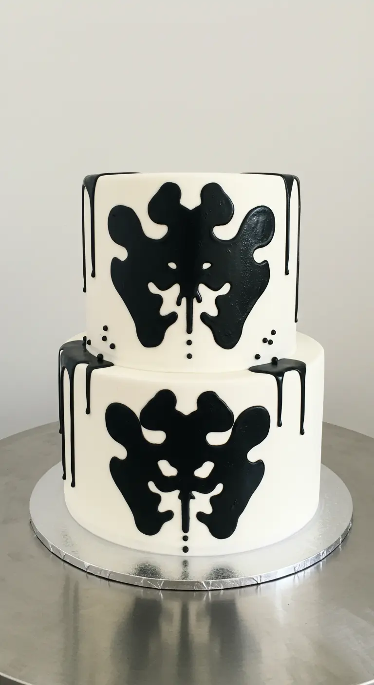 Zweistöckige weiße Hochzeitstorte mit symmetrischen schwarzen Rorschach-ähnlichen Mustern und Drips.