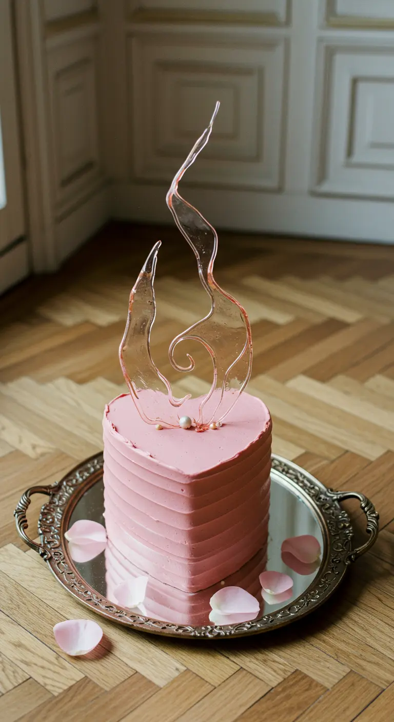Rosafarbene Herztorte auf einem Silbertablett, gekrönt von einer durchsichtigen, geschwungenen Zuckerflamme.