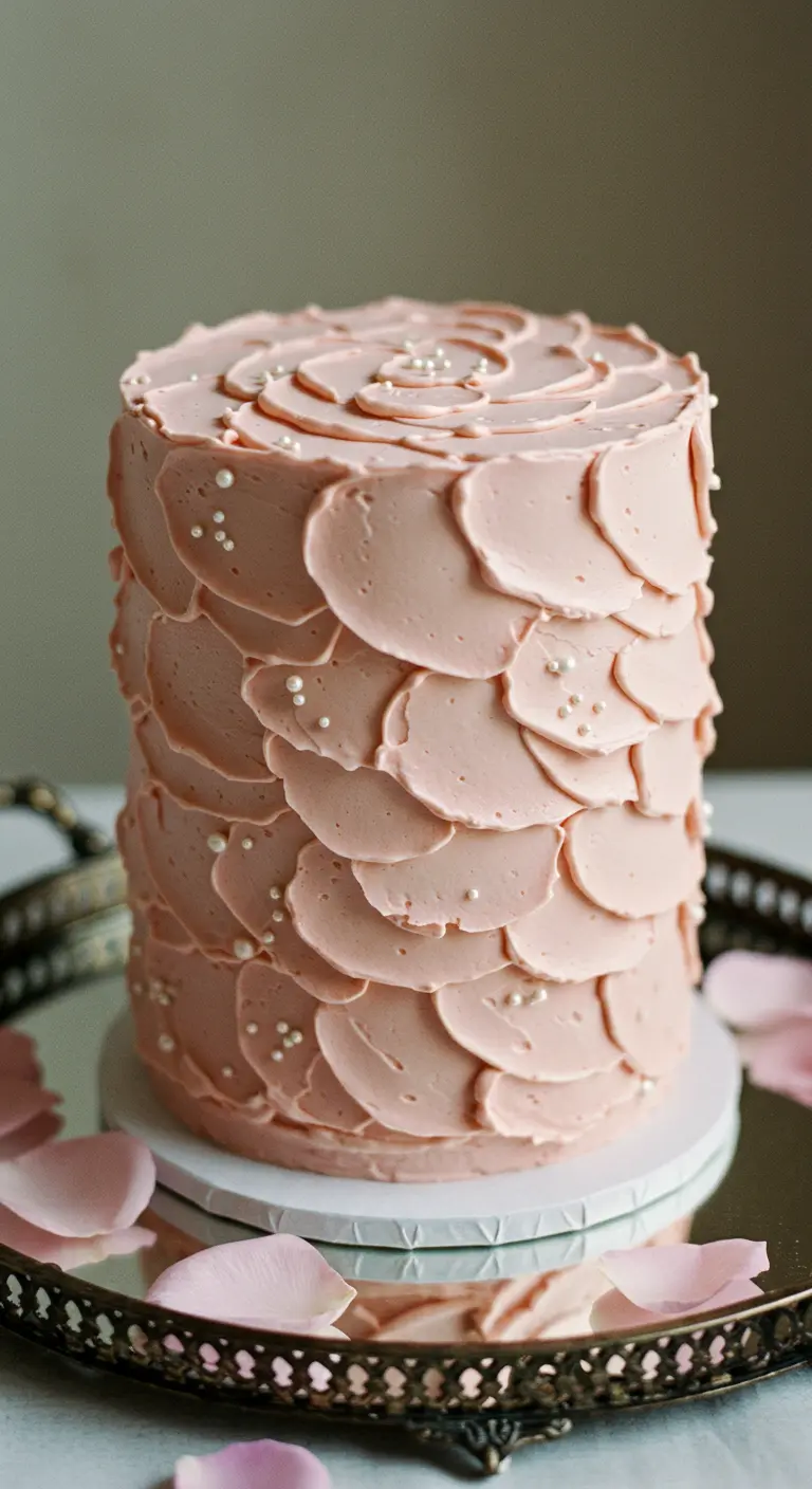 Rosa Hochzeitstorte mit überlappender Blütenblatt-Buttercreme-Textur.