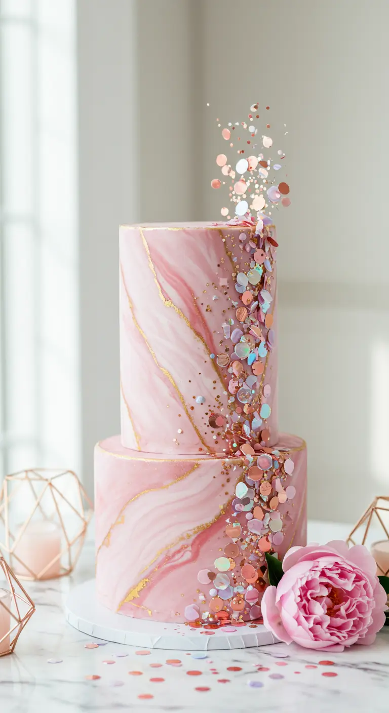 Zweistöckige rosa marmorierte Torte mit Goldakzenten und einer Kaskade aus buntem Konfetti.
