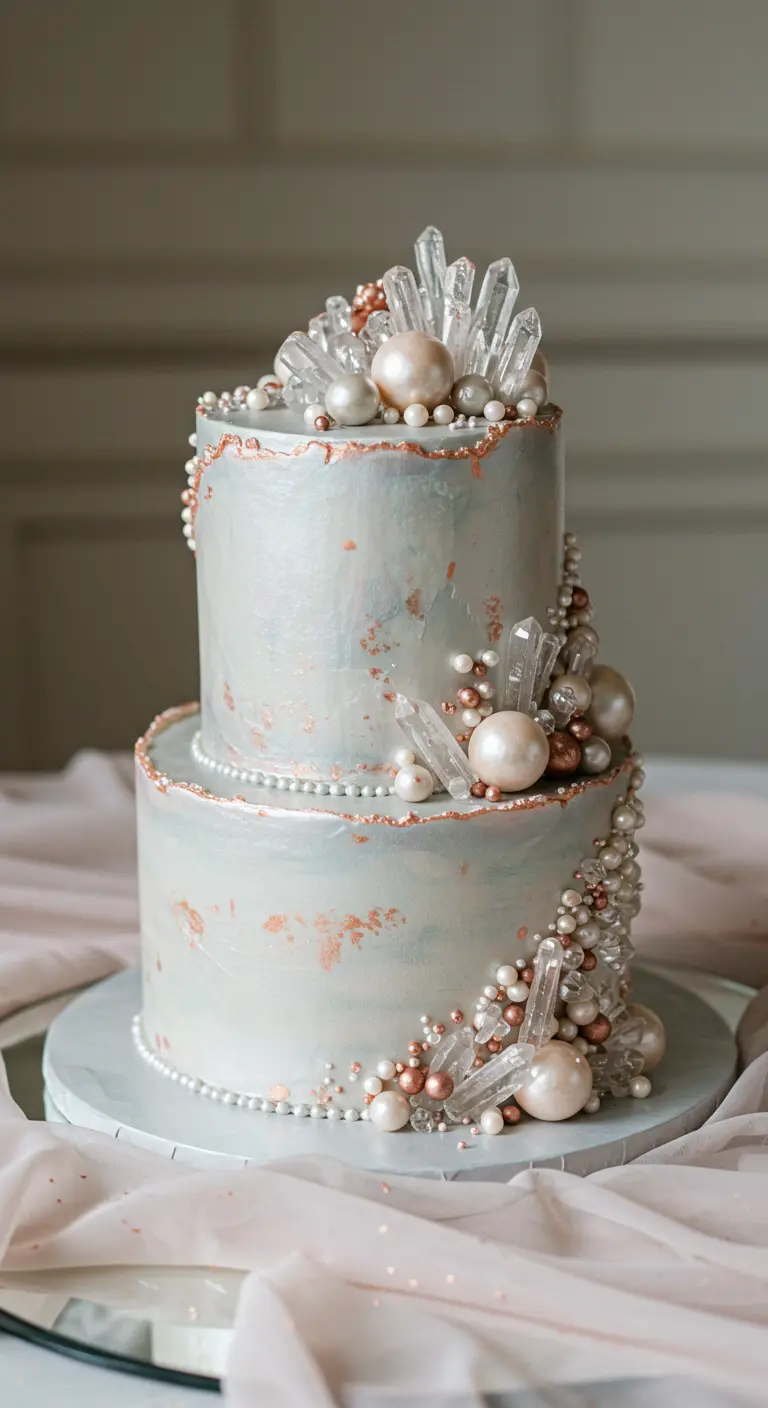 Zweistöckige Torte in Blaugrau mit Roségold-Akzenten, Perlen und Kristallclustern.