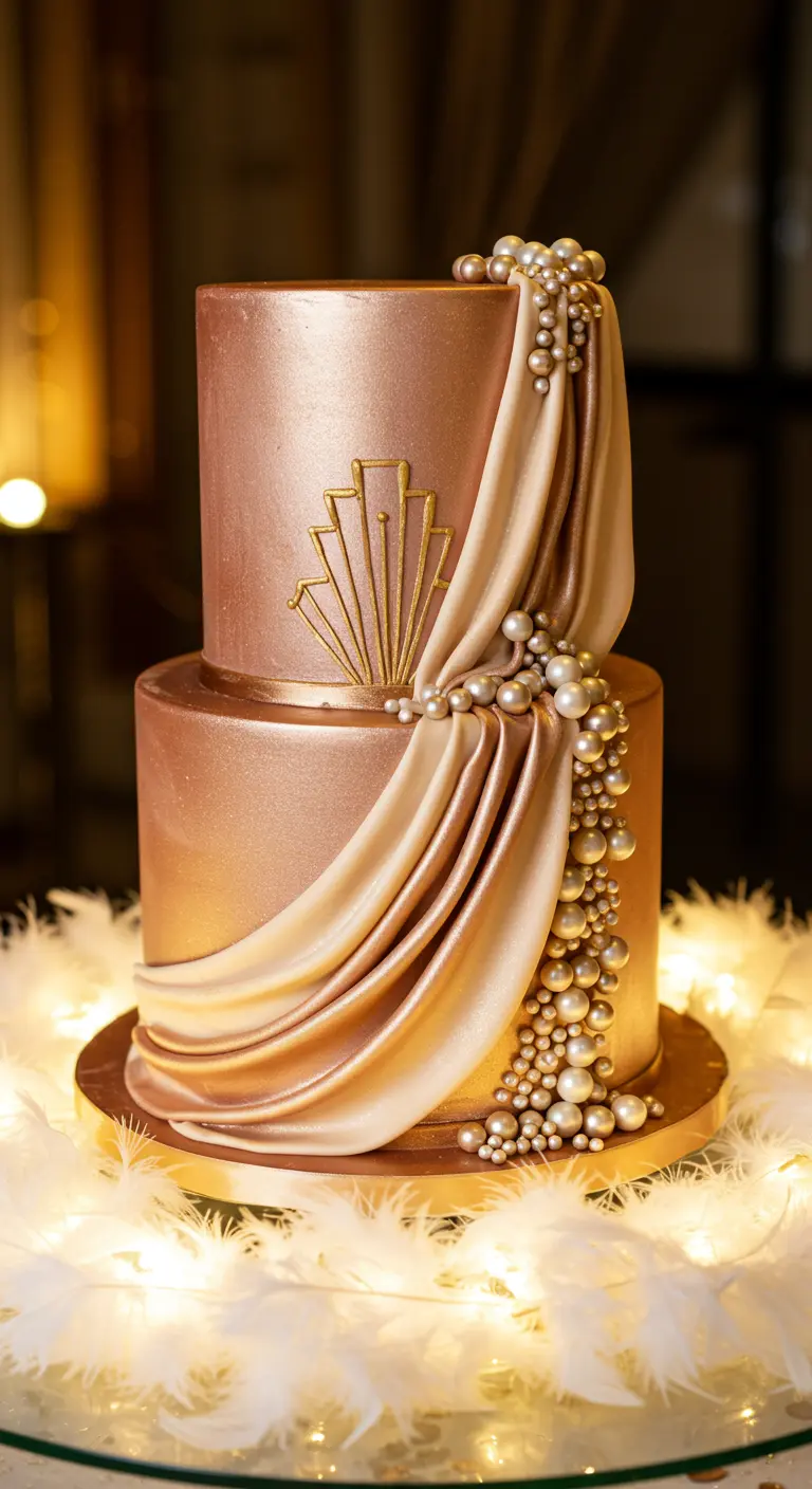 Zweistöckige roségoldene Hochzeitstorte mit drapiertem Stoffeffekt und Perlenkaskade.