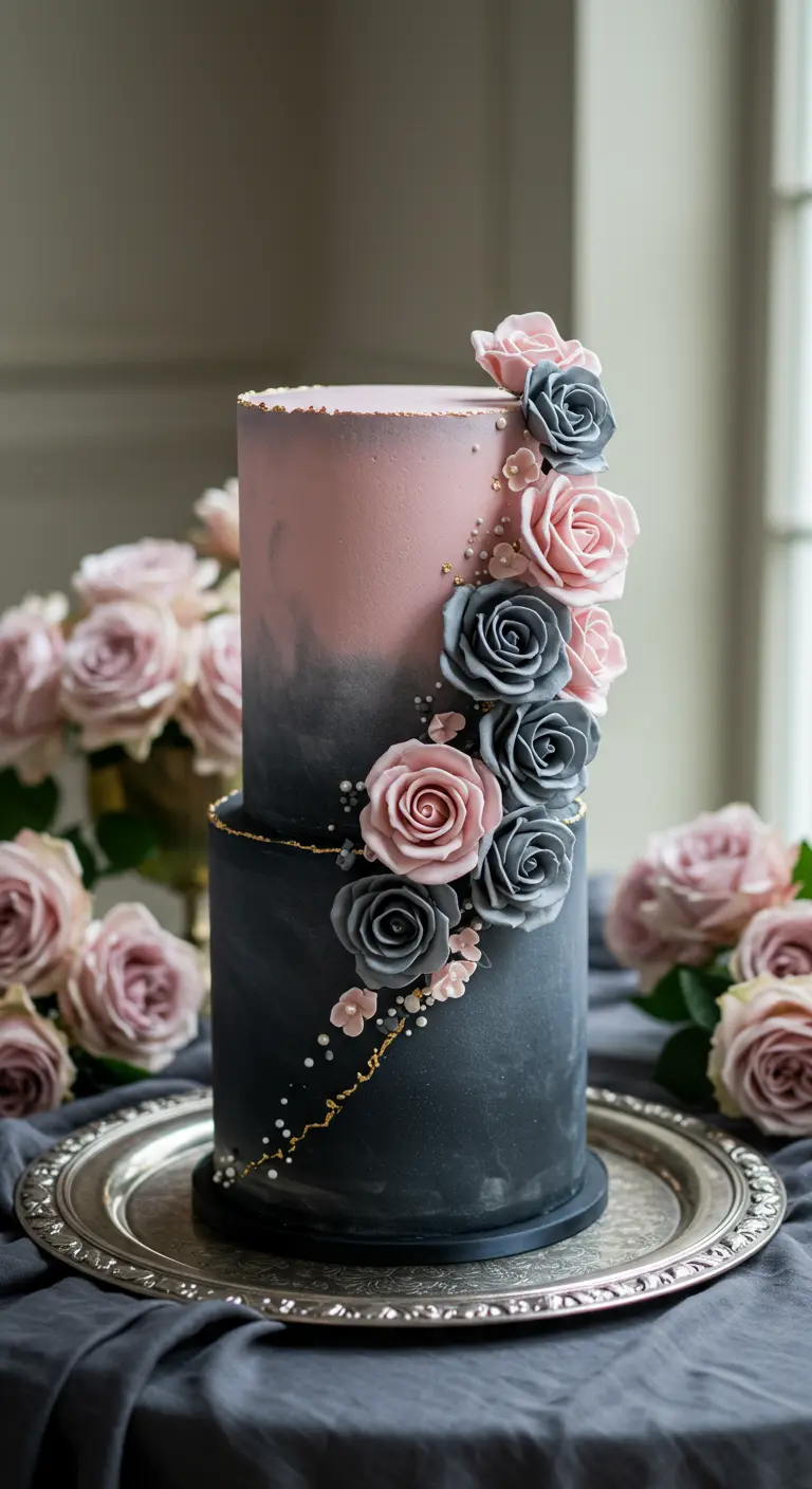 Zweistöckige Ombre-Torte in Roségold und Anthrazit, reich verziert mit rosa und grauen Zuckerrosen.