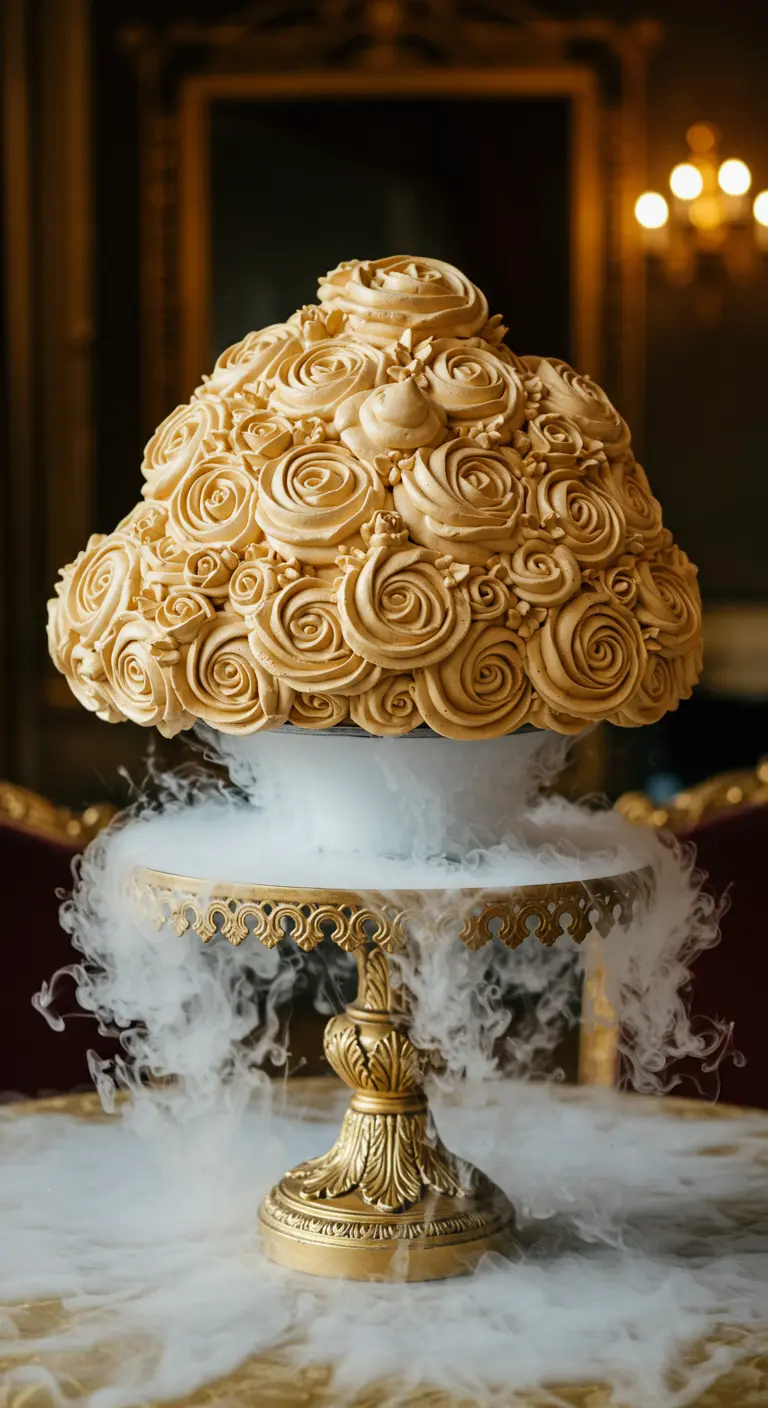 Goldene Torte bedeckt mit unzähligen, aufgespritzten Rosen und Nebel.