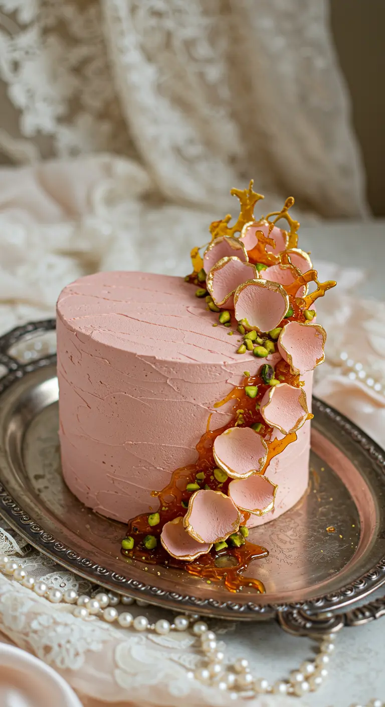 Rosa Torte mit Karamell-Blütenblättern, Pistazien und Goldakzenten.