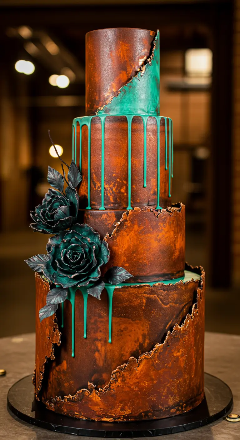Hochzeitstorte im Rost-Look mit petrolfarbenem Drip und dunklen petrolgrünen Rosen.