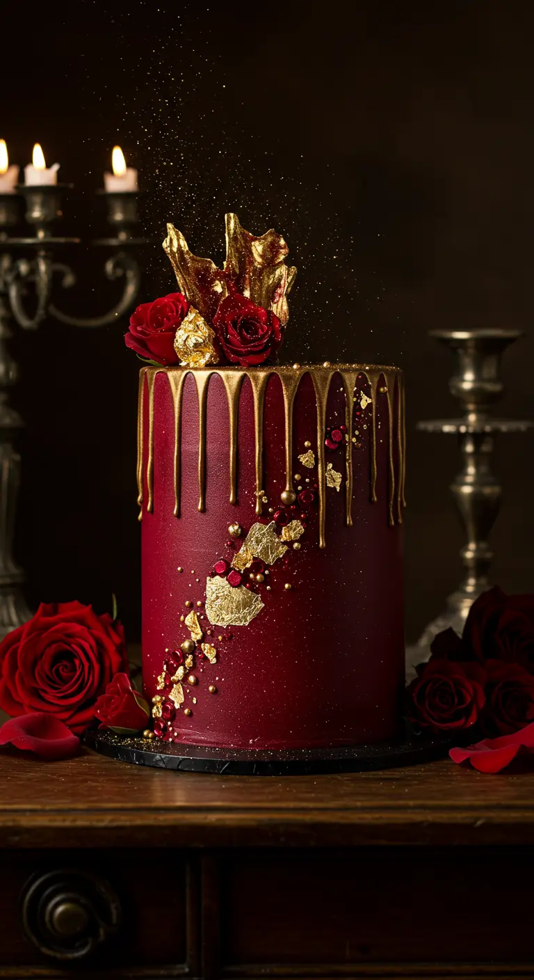 Rote Torte mit goldenem Drip-Effekt, Blattgold, roten Rosen und einer goldenen Zucker-Krone.