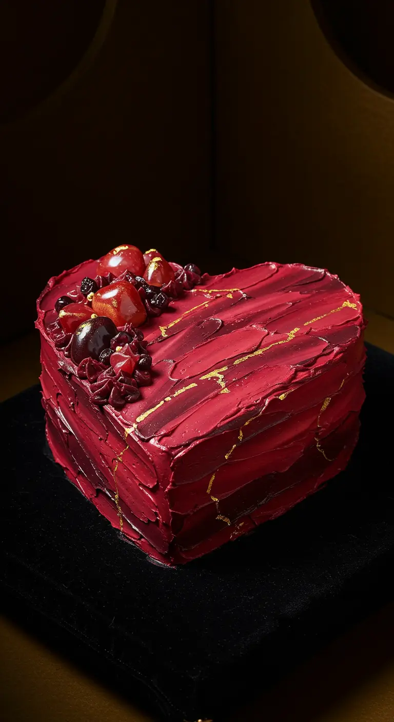 Herzförmige Torte mit tiefroter texturierter Buttercreme, Goldstreifen und dunklen Beeren.