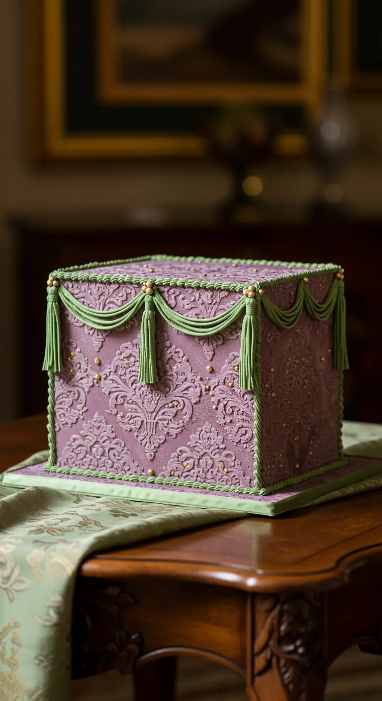 Quadratische lila Torte mit aufwendigen grünen und goldenen Buttercreme-Verzierungen im Lambeth-Stil.