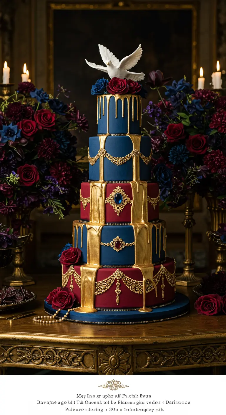 Prunkvolle Hochzeitstorte in Blau und Rot mit goldenem Drip, Schmuck-Details und Rosen.
