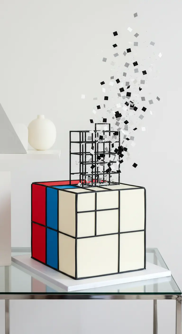 Hochzeitstorte als Rubik’s Cube mit explodierender Gitterstruktur und schwarz-weißem Konfetti.