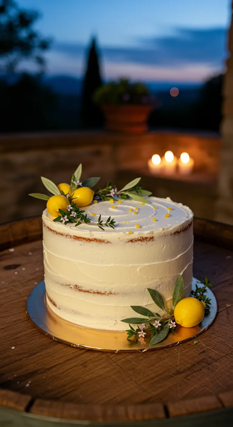 Weiße Semi-Naked-Torte mit frischen Zitronen, Olivenblättern und kleinen Blüten auf Holzfass.