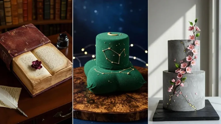 Rustikale Hochzeitstorten: Buch-, Sternen- und Beton-Optik auf Holzbrett für natürlichen Charme.