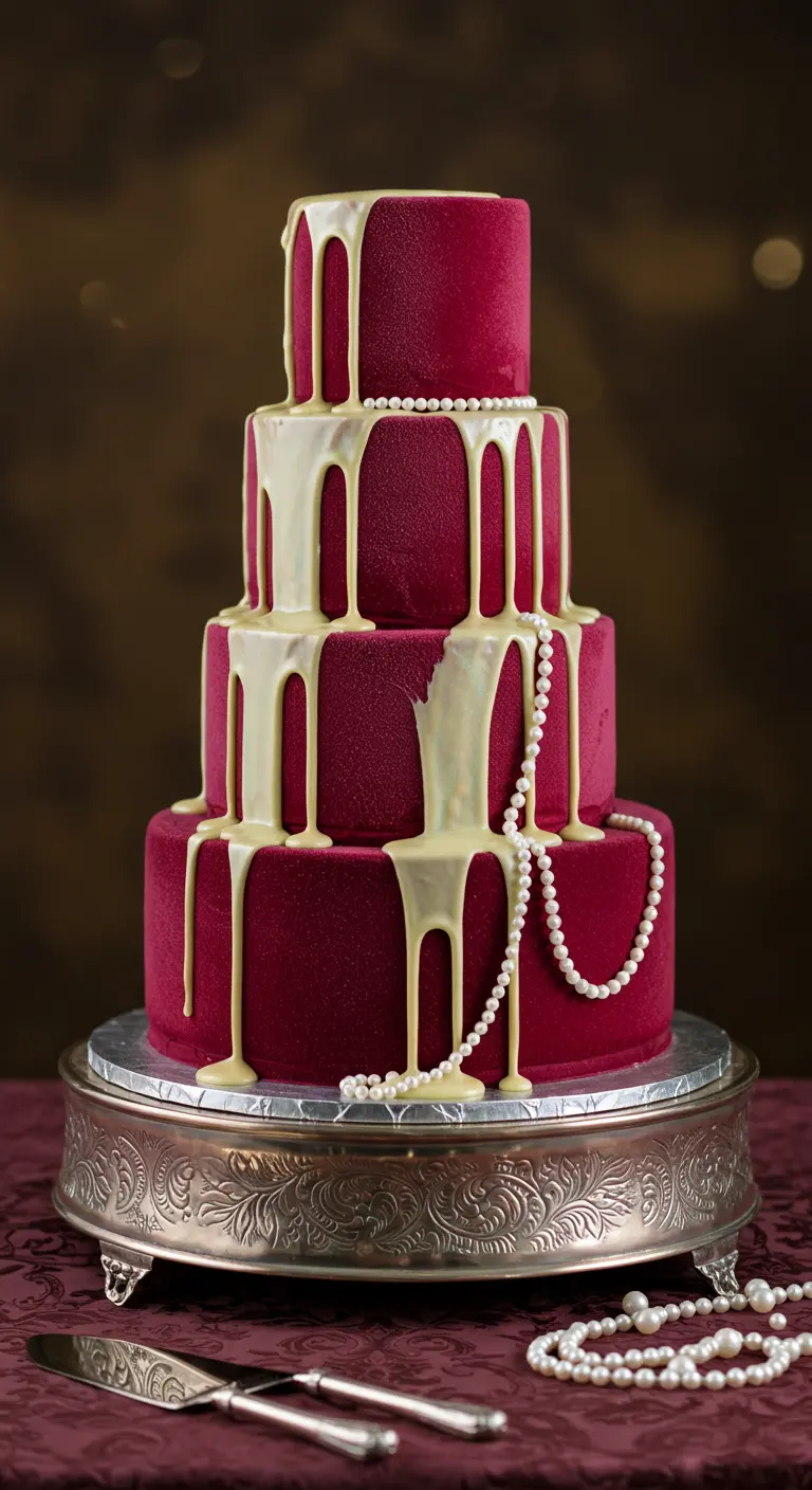 Rote Samt-Hochzeitstorte mit weißem Drip und Perlenketten-Dekoration.
