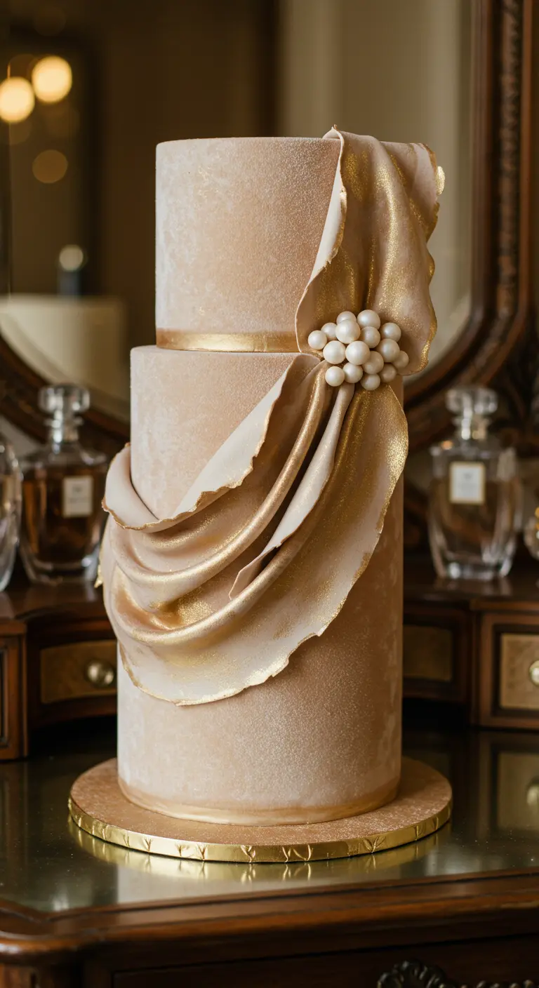 Zweistöckige beige Torte mit Samtoptik und goldenem Stoffdrapierungs-Effekt mit Perlen.
