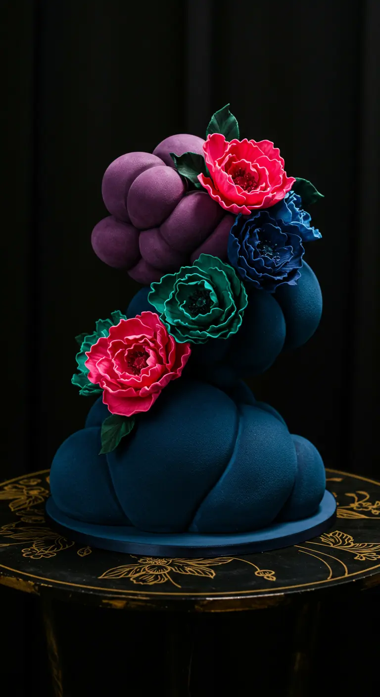 Dunkelblaue, samtige Wolkentorte mit leuchtend pinken und türkisen Zuckerblumen.