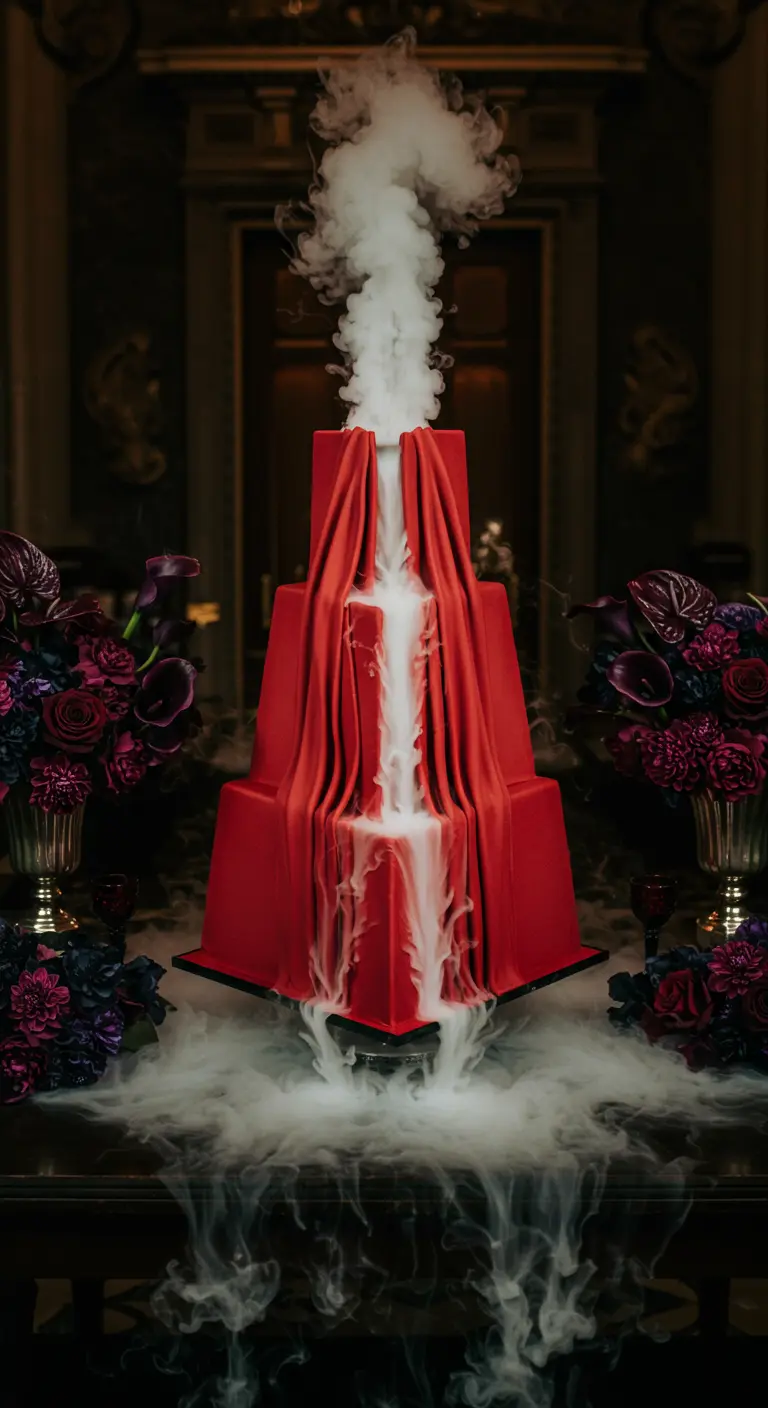 Rote, draped Torte mit Nebel, der wie ein Wasserfall aus der Mitte strömt.