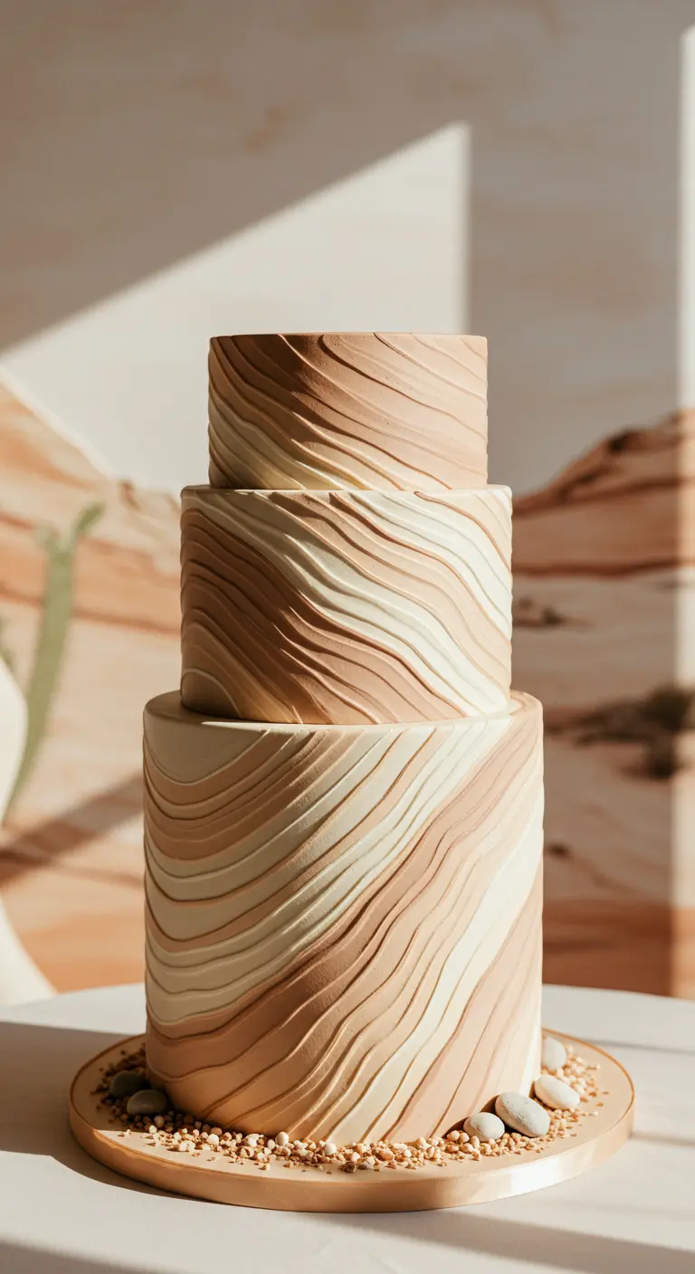 Dreistöckige Hochzeitstorte mit feinen Wellen in Beige- und Brauntönen.