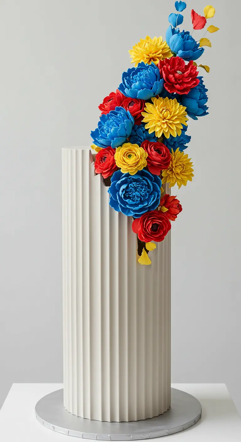 Hohe, zylindrische Torte mit vertikalen Rillen und einem bunten Blumenbouquet obenauf.