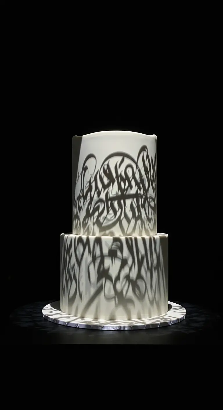 Zweistöckige weiße Torte mit schwarzer Kalligrafie, die einen Schatteneffekt erzeugt