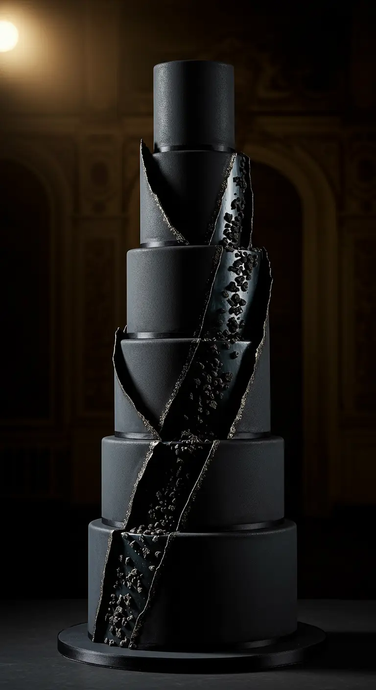 Mehrstöckige schwarze Torte mit scharfen, zackigen Rissen und dunklem, strukturiertem Crunch.
