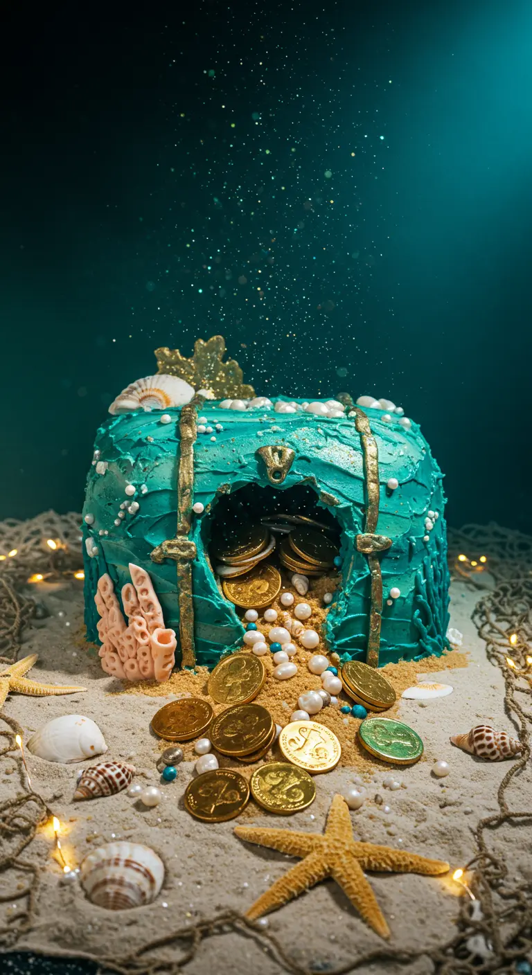 Türkisfarbene Schatztruhen-Torte, gefüllt mit Goldmünzen, Perlen und Seesternen auf Sandzucker.