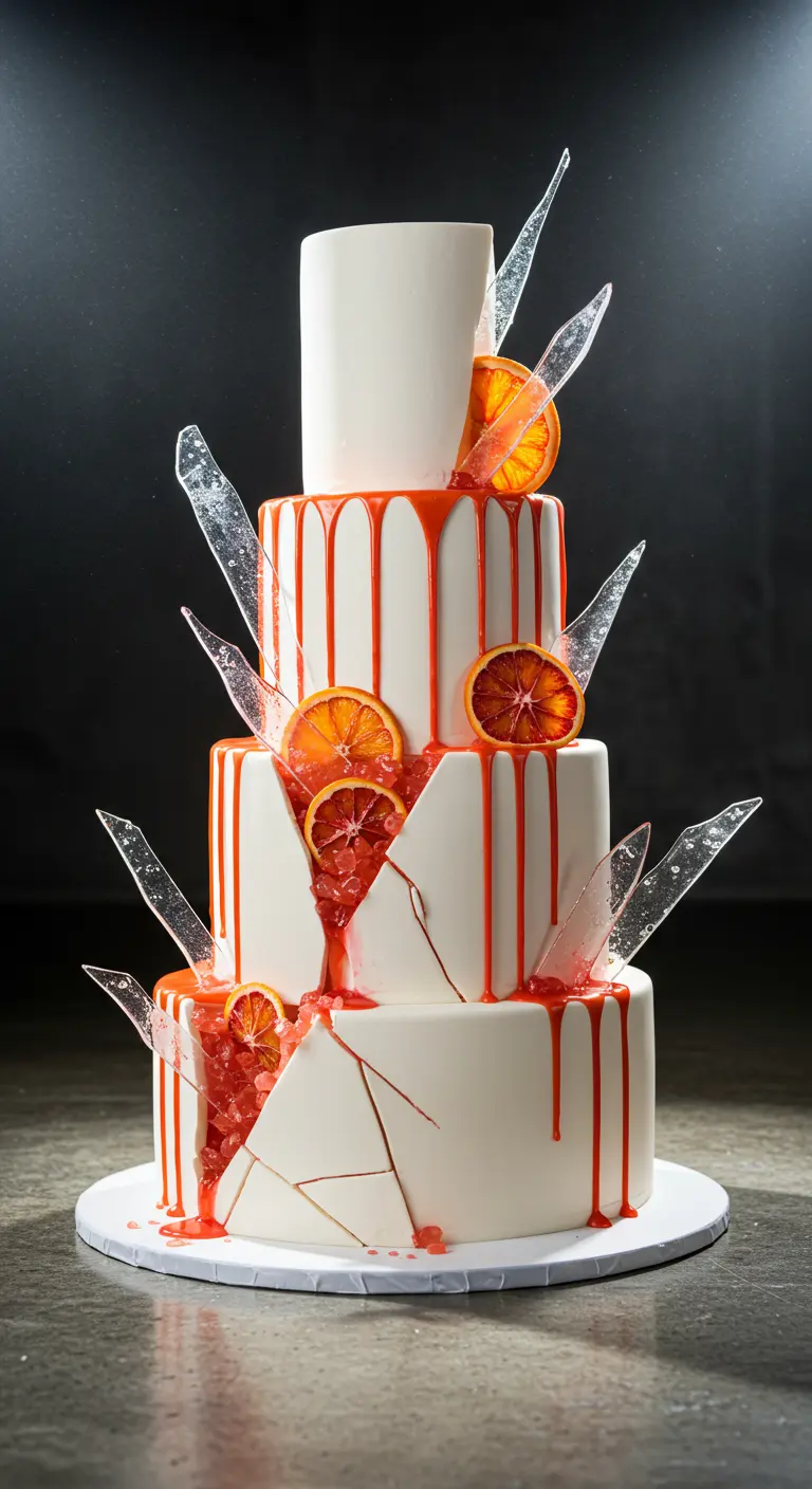 Weiße Torte mit blutrotem Drip, echten Blutorangenscheiben und Zuckerglas-Scherben.